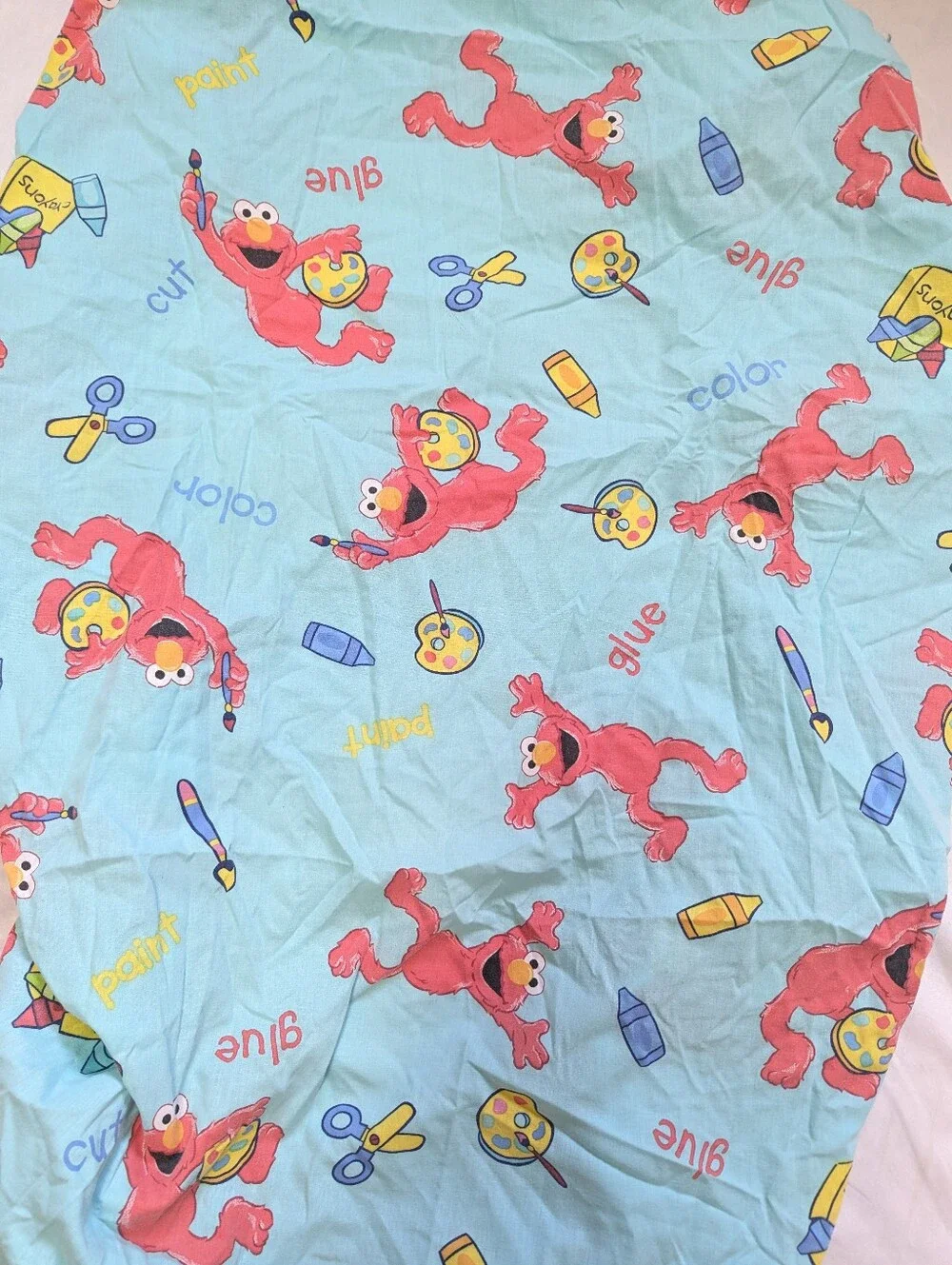 Sesame Street Elmo Fitted Infant Crib Sheet 2007 Aqua Blue Crayons Paint